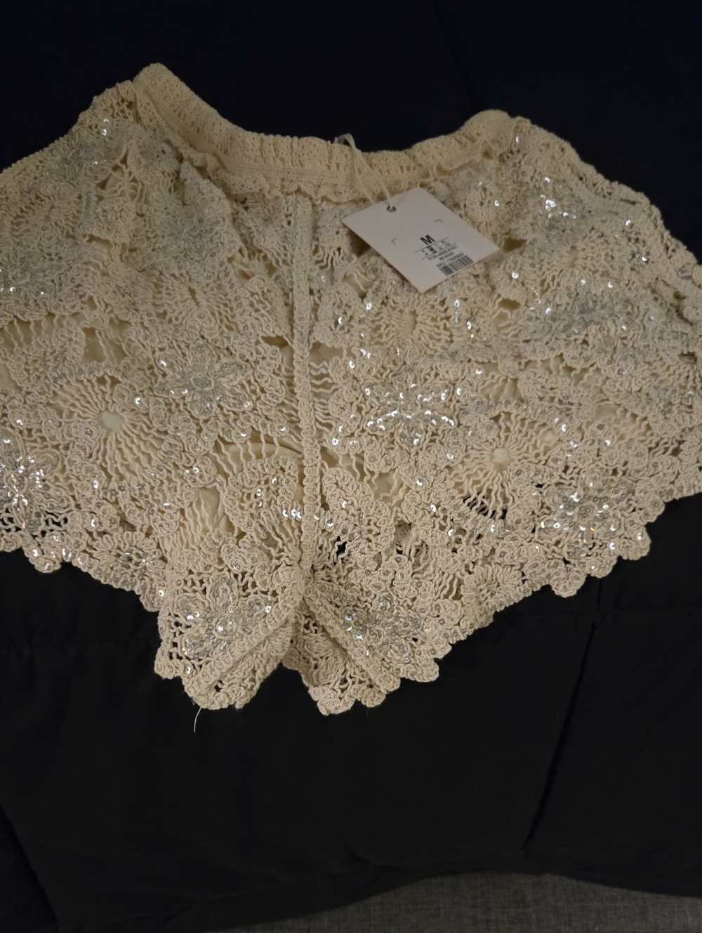 Free People Dup Cream Off White Sequin Crochet Lined Shorts NWT